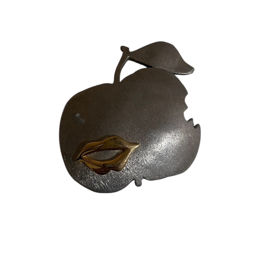 Silver and Gold Bitten Apple with Lips Kiss Print Brooch Pin